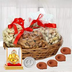 Tasteful Basket of Premium Dry Fruits for Diwali with Ganesh Idol, 4 Diya n Free Coin to Kanyakumari