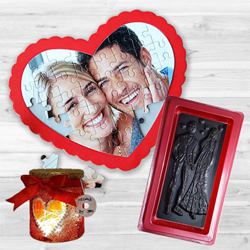 Extravagant V-day Gift of Personalized Photo Puzzle with Handmade Chocolate n LED Lamp to India