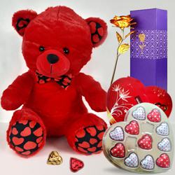Charming Proposal Gift of Teddy with Heart Shape Chocolates n Golden Rose to Chittaurgarh