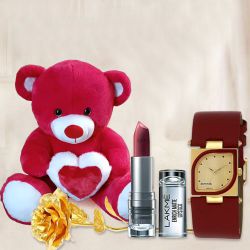 Classic Valentine Combo of Teddy, Sonata Watch n Lakme Lipstick to Chittaurgarh