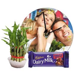 Remarkable Personalized Photo Wall Clock with Lucky Bamboo Plant n Chocolate to Dadra and Nagar Haveli