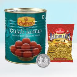 Tasty Haldiram Gulab Jamun n Bhujiya with Ganesh Laxmi Coin to India