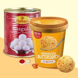 Lovely Kwality Walls Butterscotch Ice Cream with Haldiram Rasgulla
