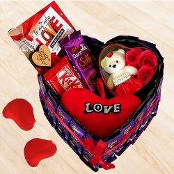 Lovely Assorted Chocolates n Cushion with Teddy n Art Roses with Love Card to Lakshadweep