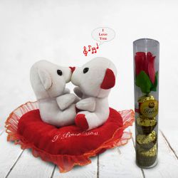 Impressive Kissing n Singing Couple Teddy with Rudalfo Chocolates n Rose Box