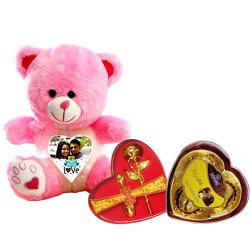 Elegant Personalized Photo Teddy with Golden Rose Heart Shape Box  N  Sapphire Chocolates to Hariyana
