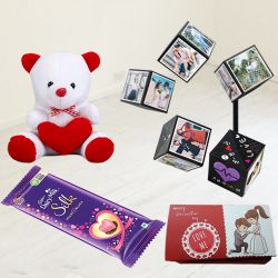 Charismatic Magic Pop Up Box of Personalized Photos and a Teddy with Heart to India