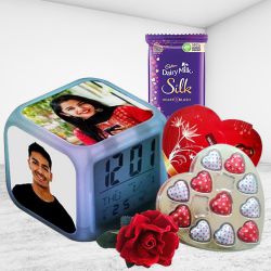 Exciting Gift of Personalized Photo Clock with Heart Shape Chocolates n Roses to India