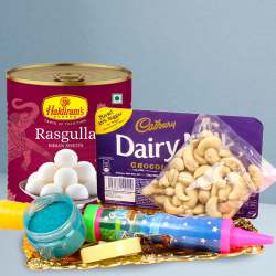 Terrific Haldiram Rasgulla n Cadbury Chocolates with Nuts N  Holi Accessories