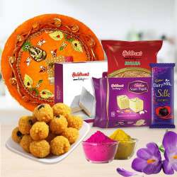 Fun Filled Gift of Haldiram Treat with Cadbury Silk Hearts n Gulal for Holi