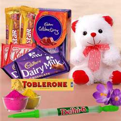 Lovely Gift of Cadbury Chocolates N Teddy with Gulal N Pitchkari