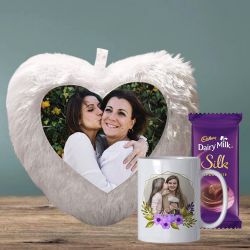 Trendy Personalized Photo Mug and Heart LED Cushion with Cadbury Silk to Punalur