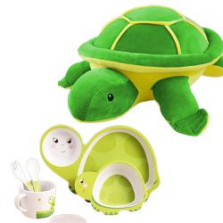 Exciting Twin Combo of Turtle Soft Toy N Bamboo Dinner Set