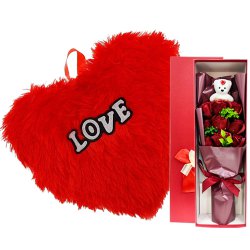 Breathtaking Pair of Artificial Red Roses Bouquet N Heart Shape Cushion to Chittaurgarh