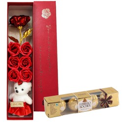Attractive Rose Day Combo of Ferrero Rocher n Artificial Roses with Teddy to Chittaurgarh