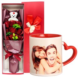 Magnificent Artificial Roses Bouquet with Teddy N Customized Coffee Mug to Chittaurgarh