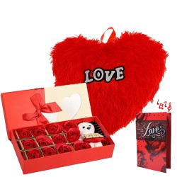 Classy Teddy on Artificial Roses Arrangement with Heart Shape Cushion N Card