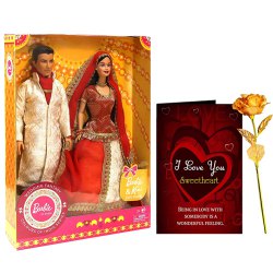 Remarkable Trio of Artificial Rose with Barbie N Musical Greetings Card to India