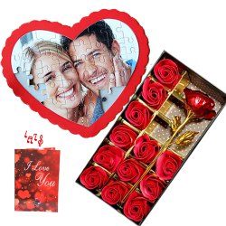 Splendid Personalize Puzzle with Artificial Roses N Musical Greetings Card Combo to Chittaurgarh