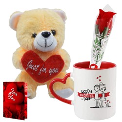 Remarkable V-Day Pair of Teddy with Coffee Mug N Rose Stick N Love You Card to India