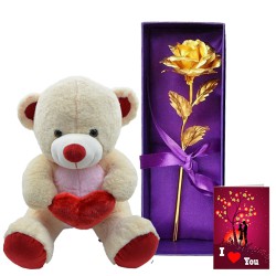 Attractive Trio of Soft Teddy with Artificial Golden Rose N Love You Card to Chittaurgarh