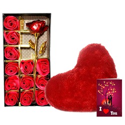 Impressive V-Day Gift of Artificial Red Roses with Cushion N Love You Card to India