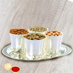 Delicious Dry Fruits added with Silver Glasses and Silver Tray with free Roli Tilak and Chawal