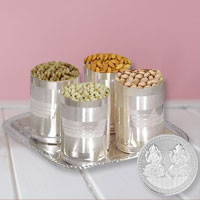 Dry Fruits in Silver Glass and Tray with Free Silver Plated Laxmi Ganesh Coin