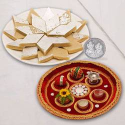 Puja Thali N Haldirams Kaju Katli to Diwali-gifts-to-world-wide.asp