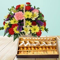 Mixed Flowers Basket with Haldiram Assorted Sweets 