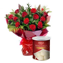 12 fresh Red Roses with 1 Kg Haldiram Rasgulla to Alwaye