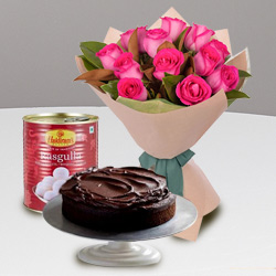 Exotic Red Roses and Haldiram Rasgulla with Eggless Cake