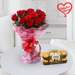 12 Red Roses Bouquet with  16 pcs  Ferrero Rocher