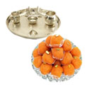 Silver plated Puja Thali with Silver Plated Lakshmi Ganesha with Haldiram’s Pure Ghee Ladoo
