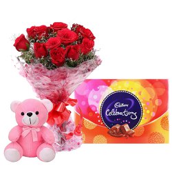 Glorious Red Roses with little Teddy Bear along with Cadburys Chocolate combo set