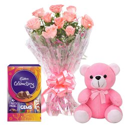 Exciting Pink Rose Bunch Small Teddy and Mini Cadbury Celebration