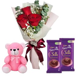 Beveled Small Teddy, Roses and Dairy Milk Silk Chocolate Bars