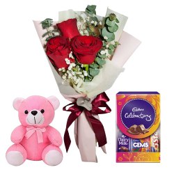 Lapel Red Rose Boutonniere, Cute Teddy and Cadbury Assortment Mini Pack