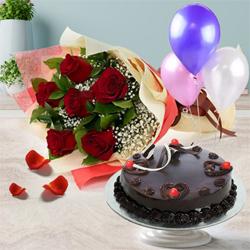 Appealing Gift of Truffle Cake with Red Roses Bunch and Balloons