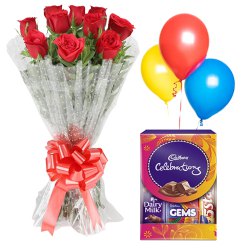 Alluring All Time Classic Gift of Roses Bouquet, Balloons and Chocolate