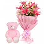 Bunch of Pink Lilies with a Love Teddy