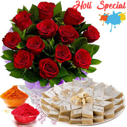 Charming 1 dozen Red Roses along with appetizing Kaju Katli