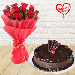 Delish Choco Cake with Red Roses Bouquet