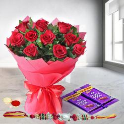 Lovely and Delightful Rose Assortment with Dairy Milk Chocolates with Rakhi and Roli Tilak Chawal
