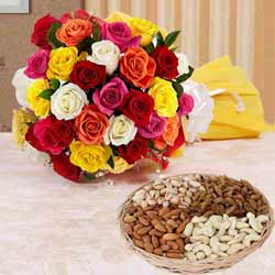 Fantabulous 24 bright Roses along with mouth watering Dry Fruits