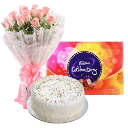 Tasty Cadbury Celebration with Cake and Pink Rose Bouquet