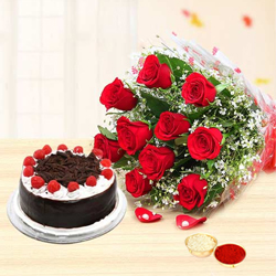 Superb Red Roses added with tempting Black Forest Cake with free Roli Tilak and Chawal