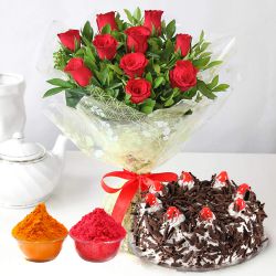 Superb Red Roses added with tempting Black Forest Cake