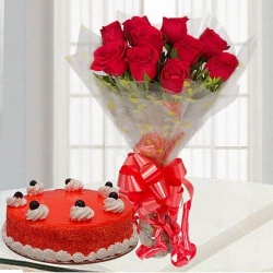 Pink Rose Bouquet with Delicious Red Velvet Cake to Alwaye
