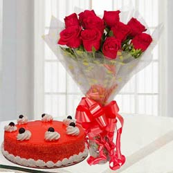 Blossoming Red Rose Bouquet with Red Velvet Cake to India